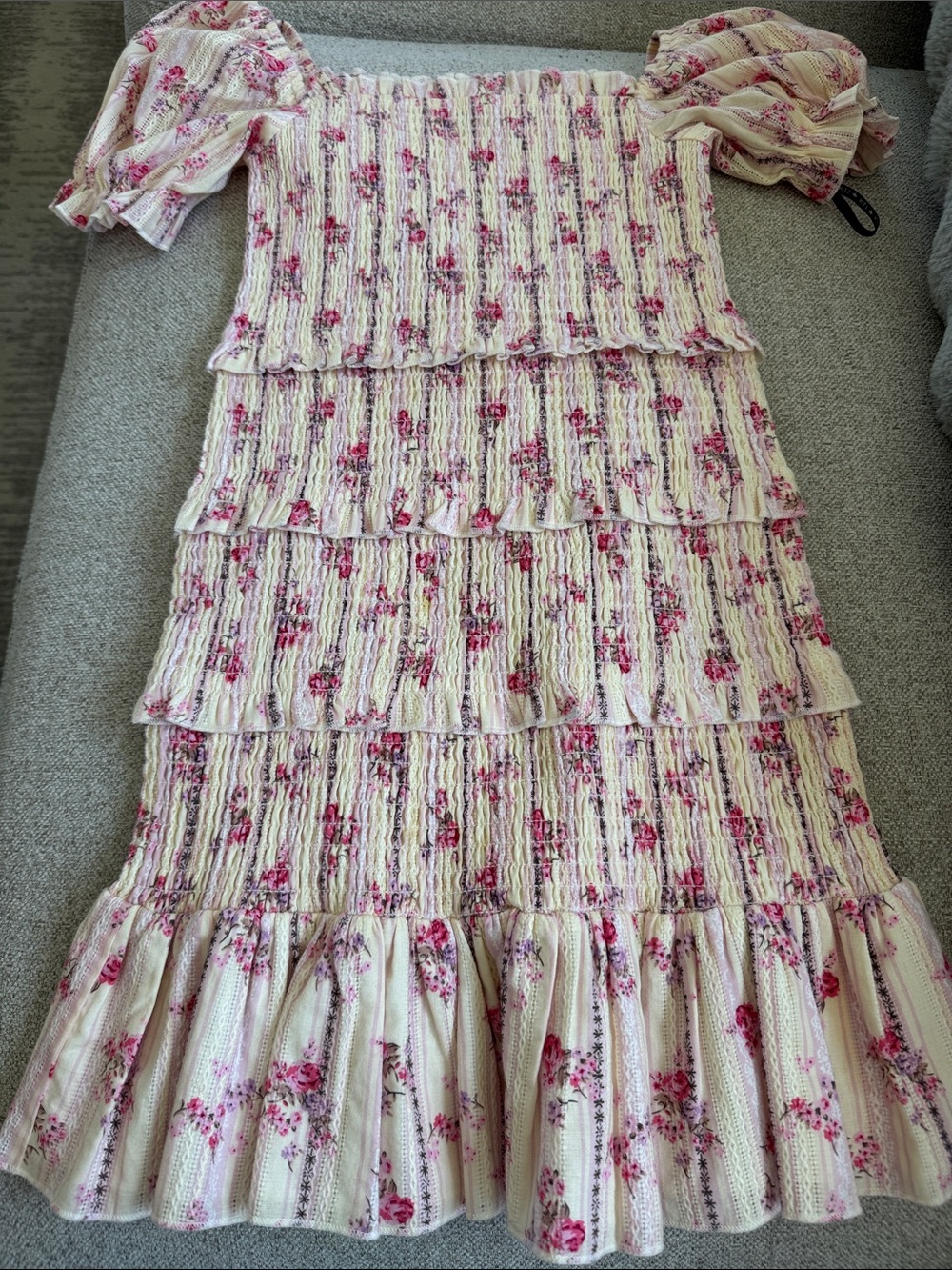 Katie J NYC Cream and Pink Floral Tiered Smocked Dress